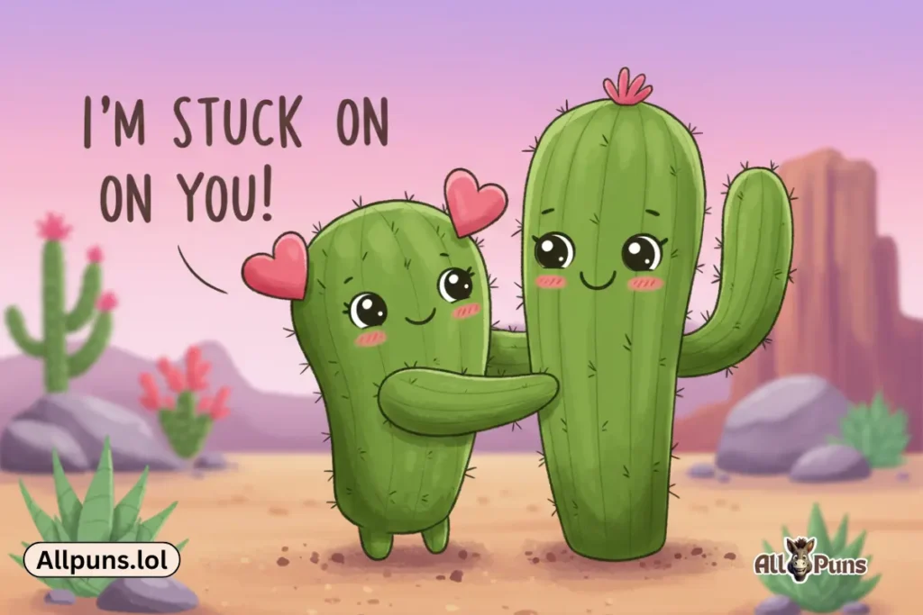 120+ Flower Puns 🌼 Funny, Romantic & Cheesy Petal Jokes "I'm stuck on you!" A cute, blushing cactus with two heart-shaped pads, giving a big hug to another smiling cactus.