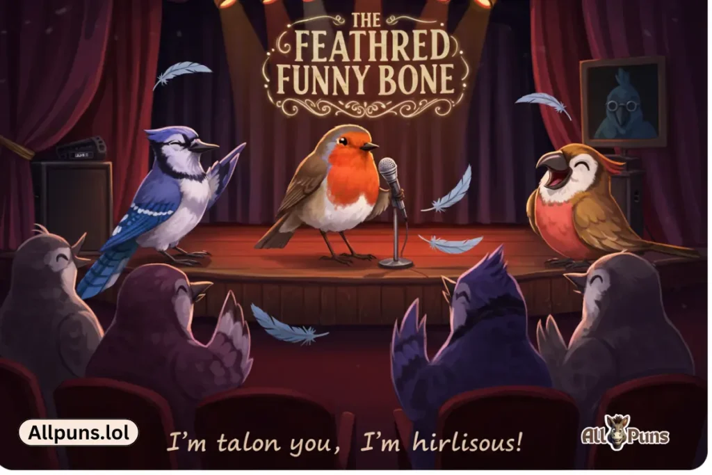 A group of birds at a comedy club with one bird at the mic, and the others cracking up. Caption: “I’m talon you, I’m hilarious!