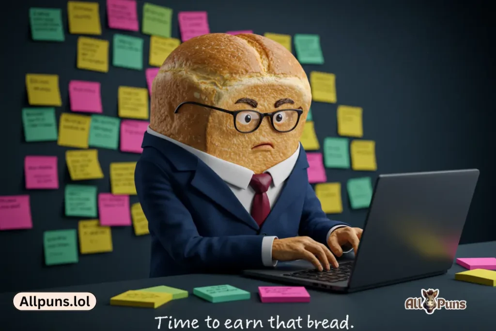 110+ Bread Puns: Loaf-Worthy Jokes That’ll Make You Crumb-le A loaf of bread in a suit and tie typing on a laptop, with sticky notes everywhere.
Caption: "Time to earn that bread."