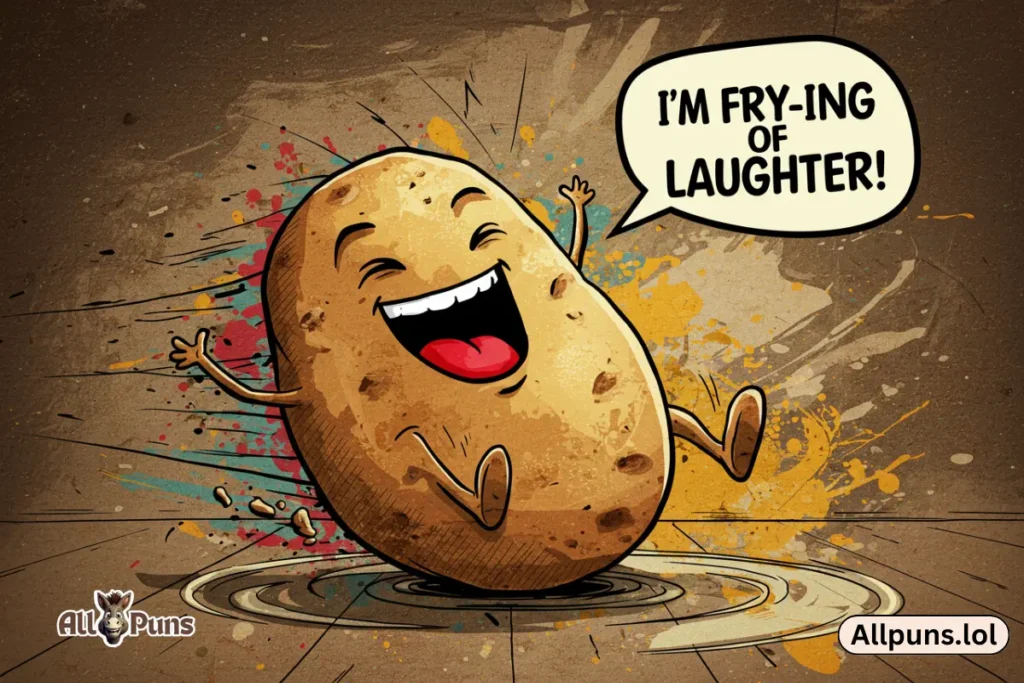 110+ Potato Puns and Funny One Liners to Make You Laugh A potato laughing so hard it’s rolling on the floor, with a speech bubble saying, “I’m Fry-ing of Laughter!”