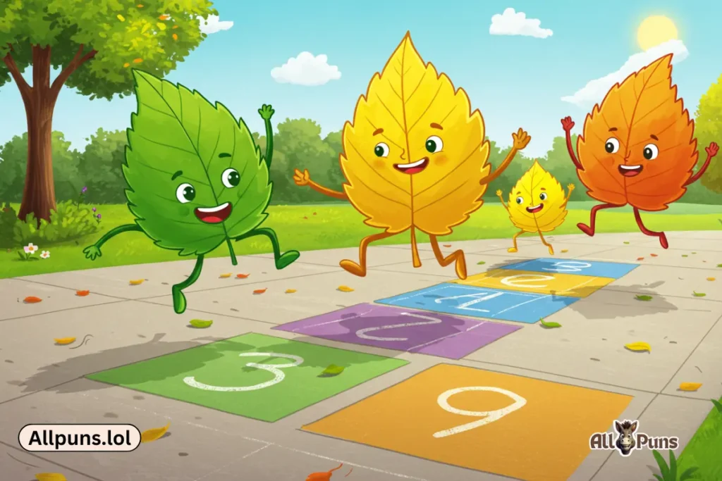 110+ Fall Puns That’ll Make You Autumn-atically Smile Cartoon leaves playing hopscotch.