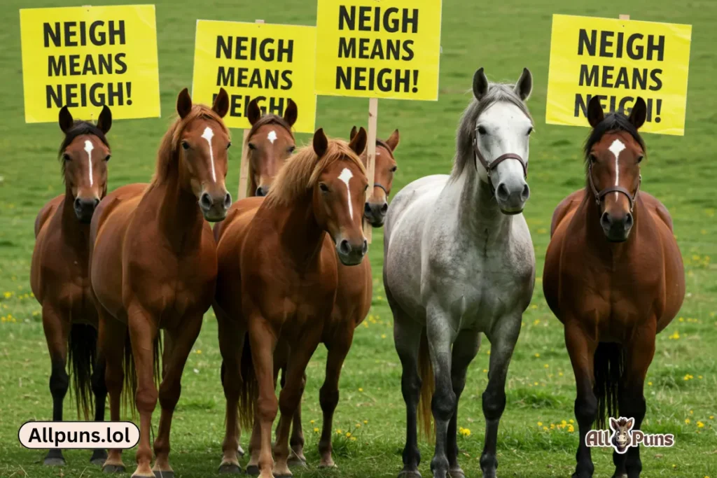 150+ Horse Puns & Jokes That Are Unbridled Fun A group of horses holding protest signs saying “Neigh Means Neigh!”