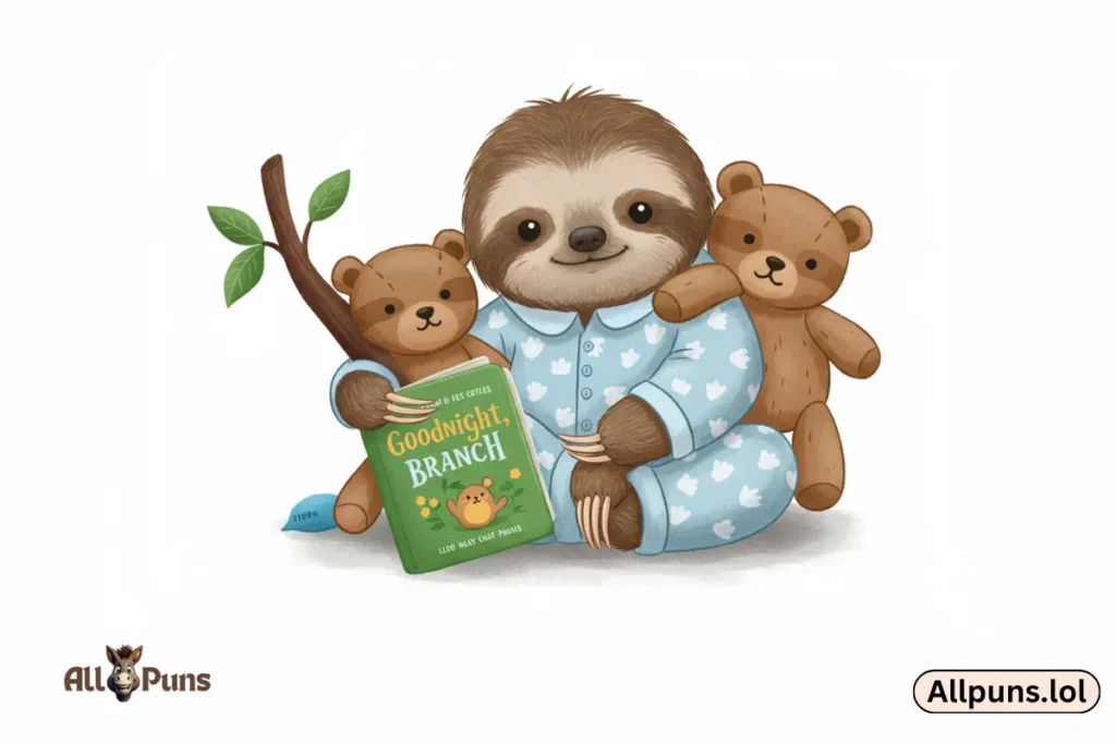 110+ Sloth Puns and One-Liners – Slow down and laugh a little Visual Pun:** A baby sloth in pajamas, clutching a branch like a teddy bear, with a book titled "Goodnight, Branch" falling off its lap