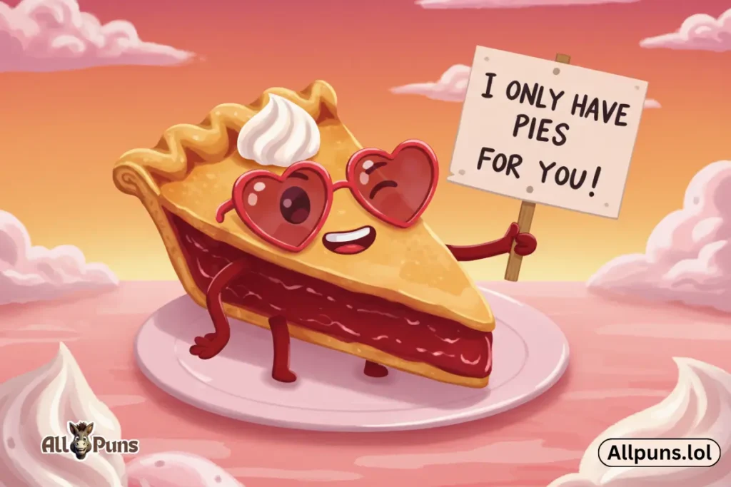 Top Pie Puns for Every Flavor of Funny A smiling slice of pie wearing heart-shaped sunglasses, holding a sign that says "I only have pies for you" while standing in front of a sunset made of whipped cream