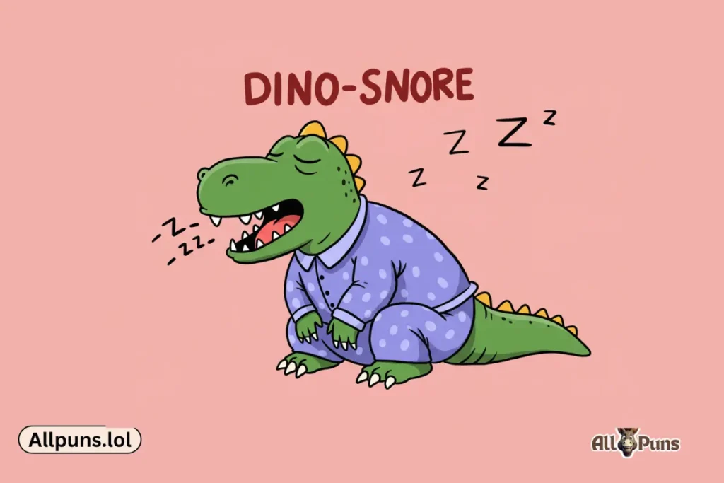 110+ Dinosaur Puns & Jokes | Funny Dino Wordplay That Rocks A cartoon dino in pajamas snoring loudly: âDino-snore.â