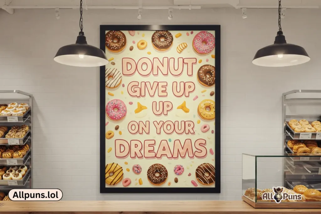 A motivational poster in a bakery: "DONUT GIVE UP ON YOUR DREAMS"