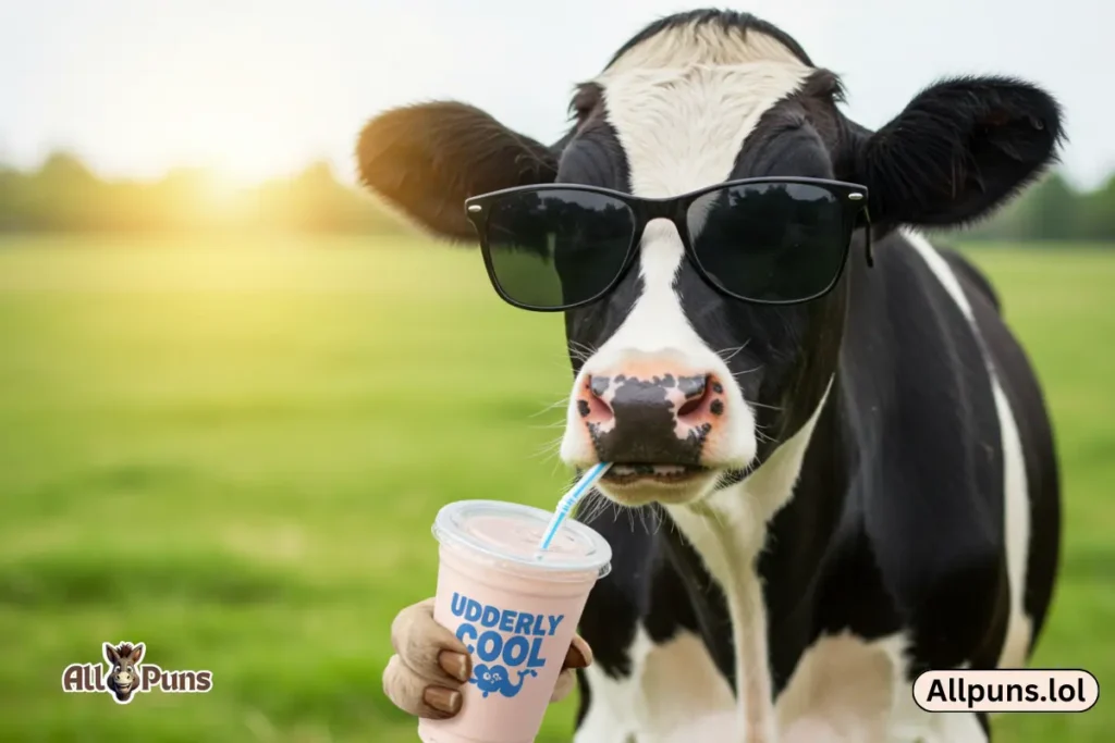 110+ Cow Puns to Make You Moo with Laughter A cow wearing sunglasses, sipping from a milkshake labeled “Udderly Cool.