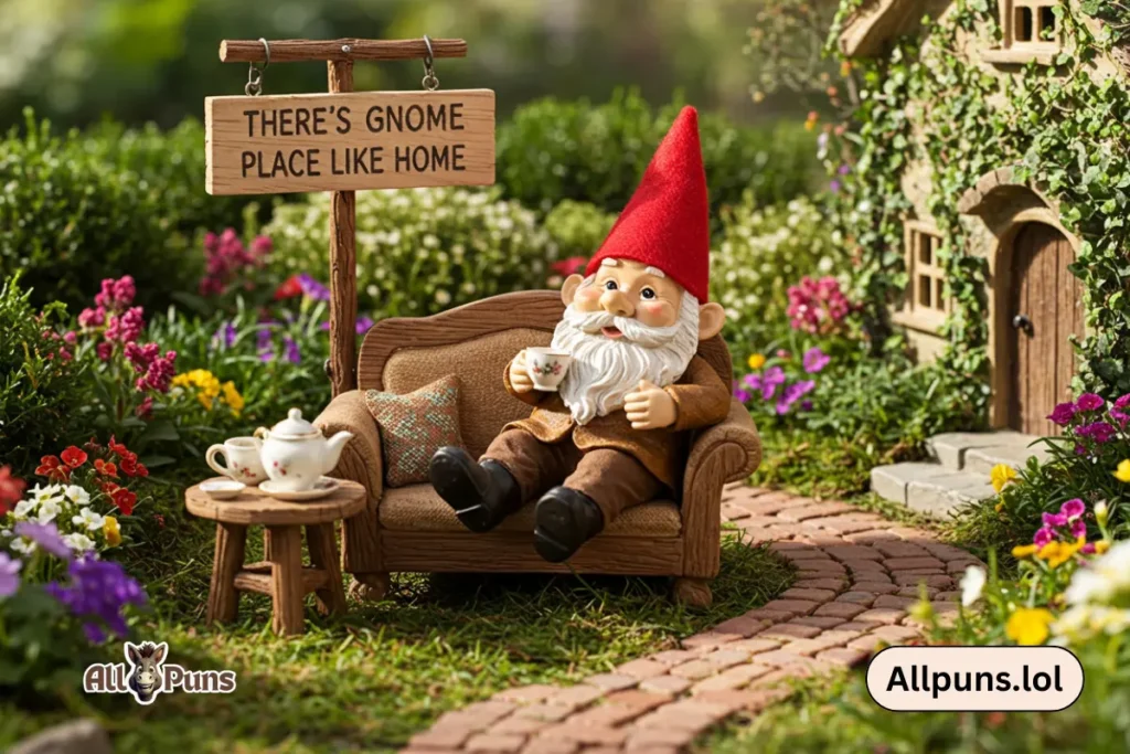 Delightful Gnome Puns to Tickle Your Funny Bone A gnome sitting on a tiny couch with a sign above saying, “There’s Gnome Place Like Home” while sipping tea.