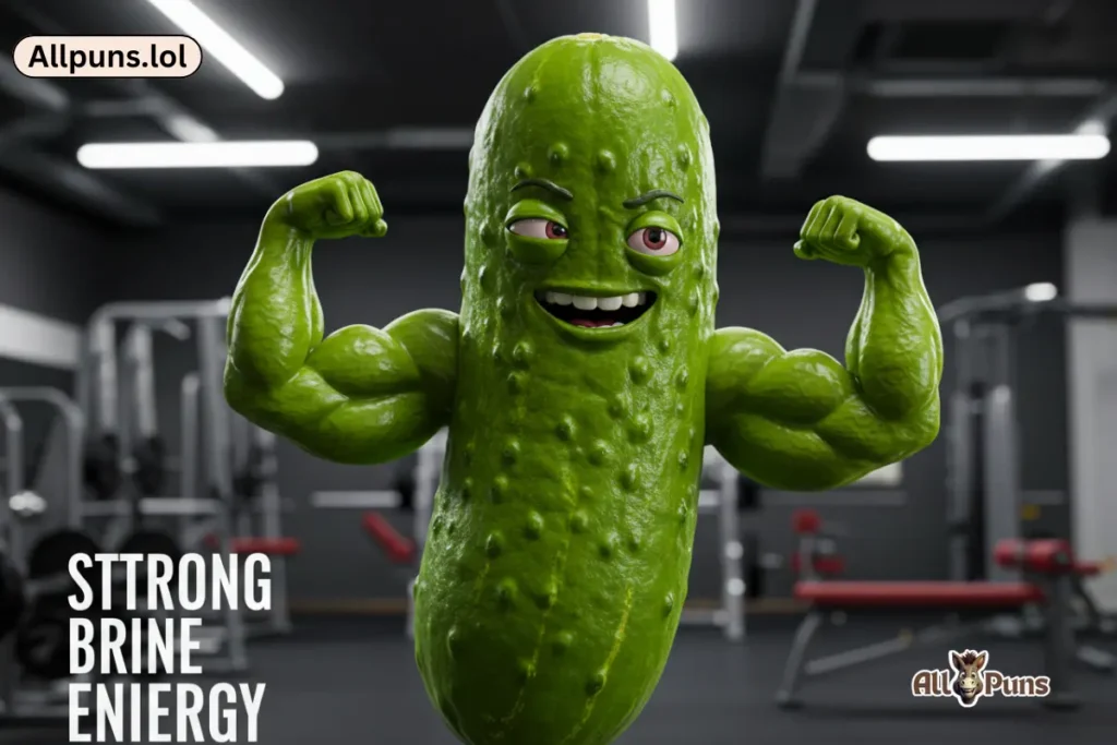 150+ Pickle Puns & Jokes That’ll Make You Relish the Laughs Pickle flexing muscles at the gym with “Strong brine energy.”