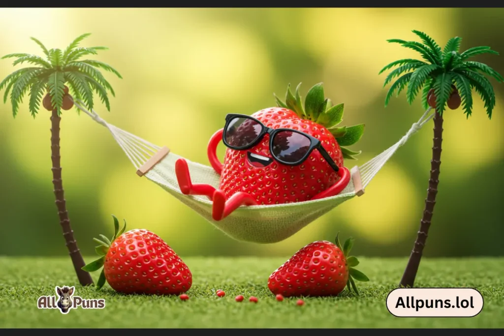 Funny Strawberry Puns to Sweeten Your Day A strawberry lounging in a hammock with sunglasses, looking relaxed and happy.