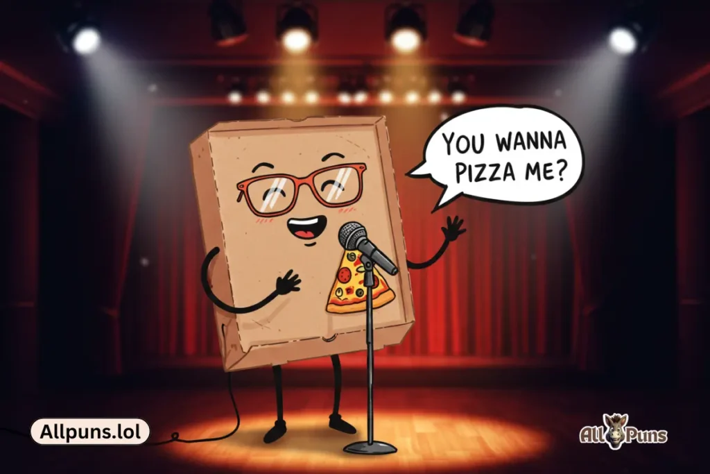 110+ Pizza Puns -Cheesy, Flirty and Totally Slice-tastic A pizza box doing stand-up comedy with a mic: âYou wanna pizza me?â