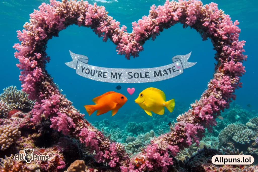 100+ Fin-tastic Fish Puns to Make You Giggle and Snort Two fish holding fins in front of a heart-shaped coral reef, saying “You’re My Sole Mate.