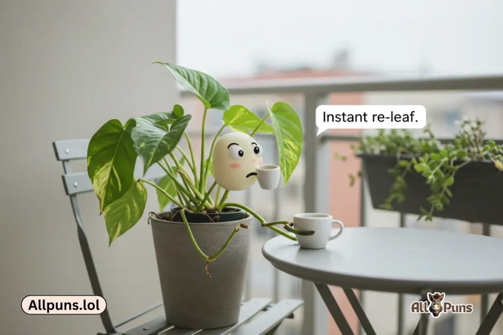 150+ Plant Puns & Jokes That’ll Leaf You Laughing A wilted plant drinking coffee → Caption: “Instant re-leaf.”