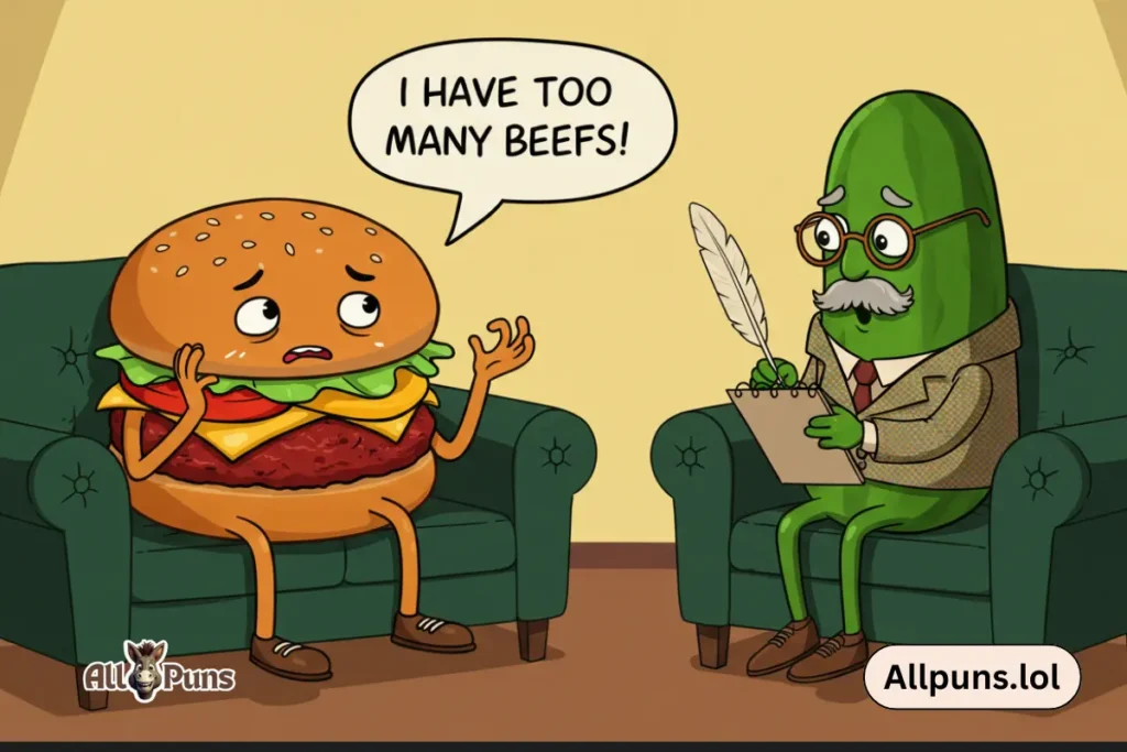 Burger Puns: A Deliciously Funny Collection A cartoon burger on a therapist's couch saying, "I have too many beefs!" while the therapist (a wise old pickle) takes notes.