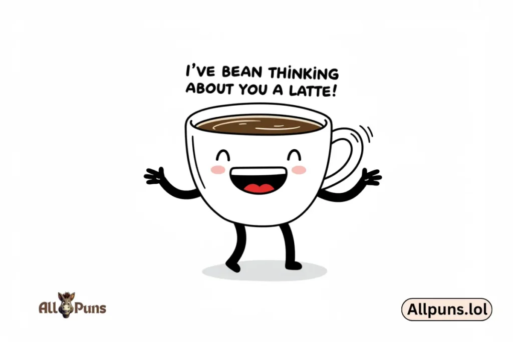 Best Funny Coffee Puns to Perk Up Your Day A coffee cup with a big smile, arms wide open, shouting, "I've bean thinking about you a latte!"