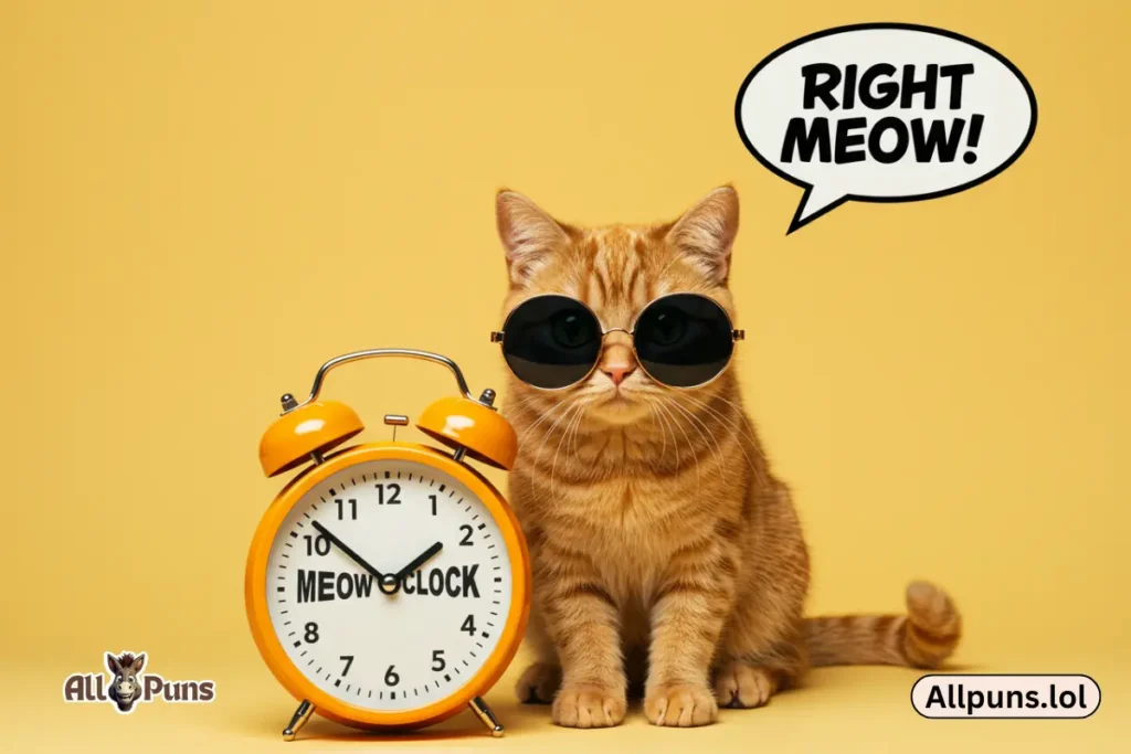 A cat wearing sunglasses holding a speech bubble that says “Right Meow!” while standing next to a clock striking “MEOW’Clock