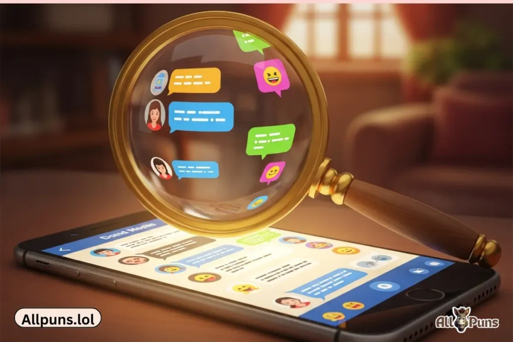 A vintage magnifying glass on a smartphone screen showing a lively online chat group. Digital art, warm and clever, playful style.