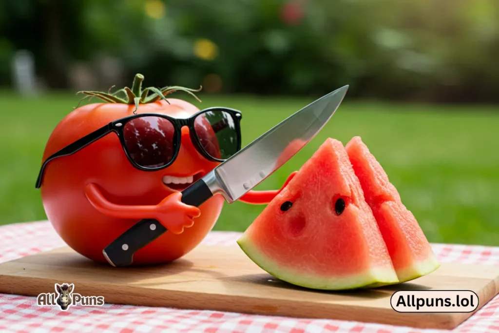 Tomato Puns and Funny One-Liners A tomato wearing sunglasses, holding a knife, and "slicing" a watermelon (playing on "slicing up some fun").