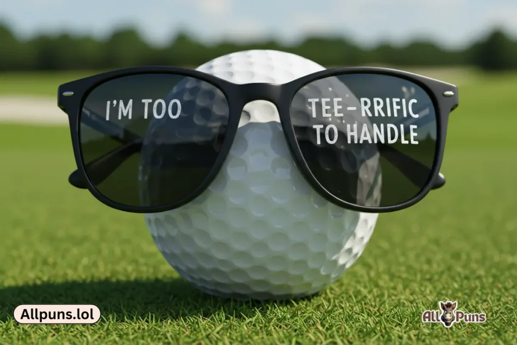 A golf ball with sunglasses saying, “I’m too tee-rific to handle!”