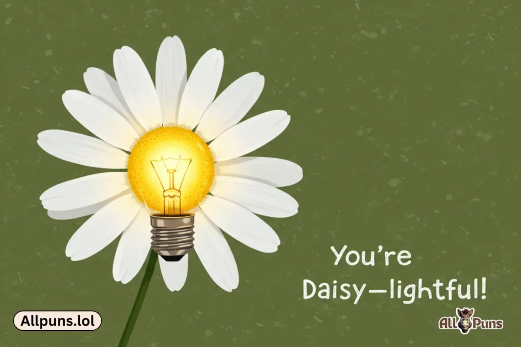 120+ Flower Puns 🌼 Funny, Romantic & Cheesy Petal Jokes "You're daisy-lightful!"A picture of a single, cheerful daisy with a bright, glowing lightbulb where its center should be