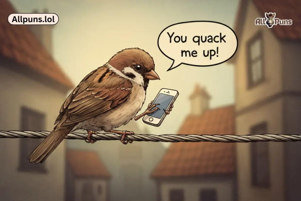A bird texting on a phone with a speech bubble: “You quack me up!” or “Toucan play at that game.