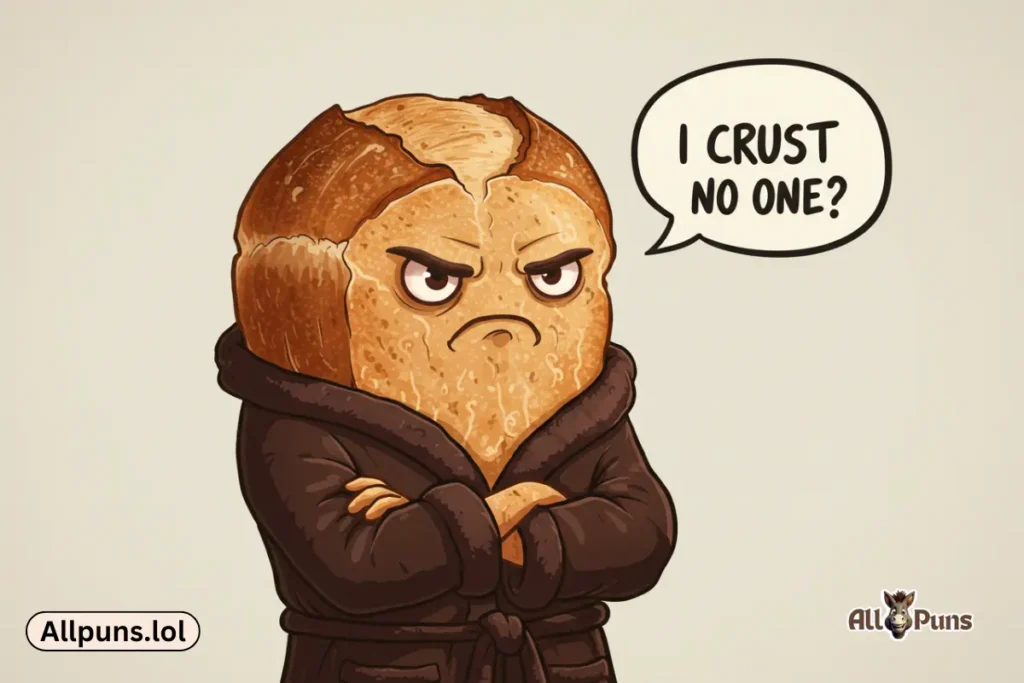 110+ Bread Puns: Loaf-Worthy Jokes That’ll Make You Crumb-le A sourdough loaf looking grumpy with arms crossed, maybe in a “dad” robe, while a speech bubble says:
"I crust no one."