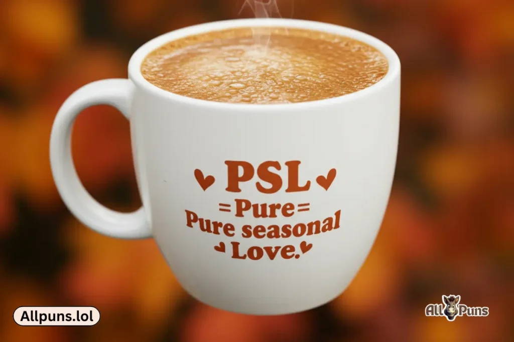 110+ Fall Puns That’ll Make You Autumn-atically Smile A coffee cup with “PSL = Pure Seasonal Love” printed on it.