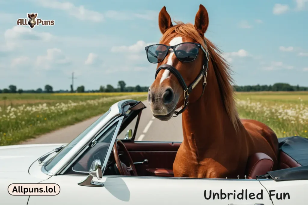 150+ Horse Puns & Jokes That Are Unbridled Fun A horse wearing sunglasses in a convertible with the caption “Unbridled Fun.”