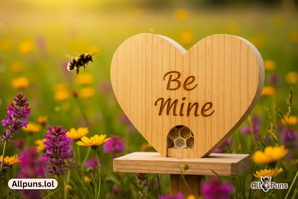 150+ Valentine’s Day Puns to Make Hearts Flutter A bee buzzing around a heart-shaped hive with “Bee mine.”