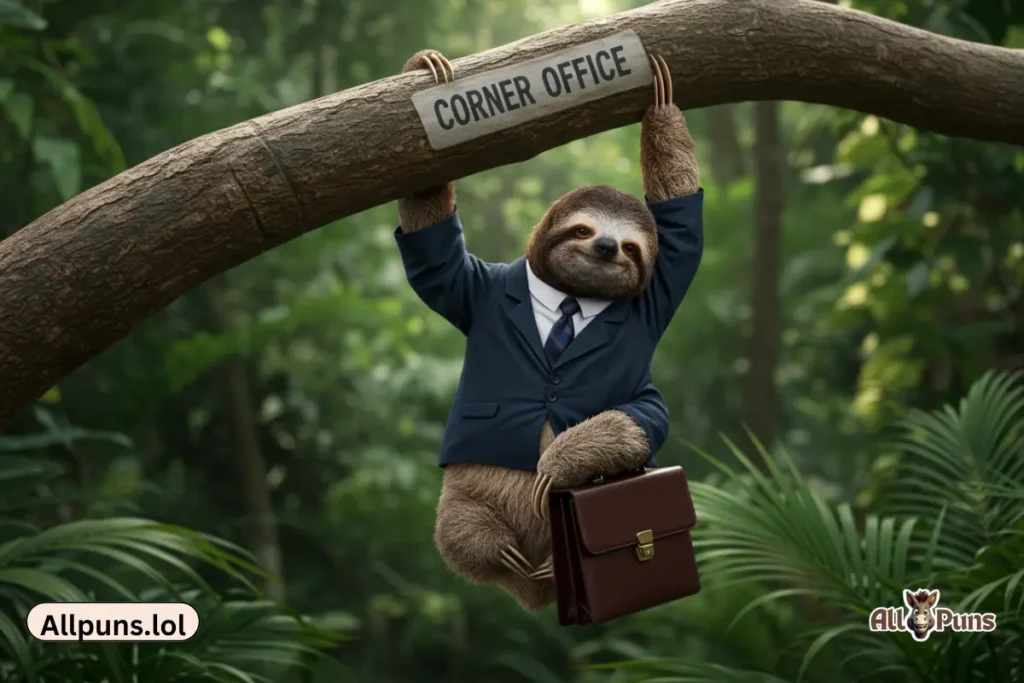 110+ Sloth Puns and One-Liners – Slow down and laugh a little A sloth in a suit with a briefcase, dangling upside-down from a branch labeled "Corner Office," with a caption: "Promoted for *hanging* around!"