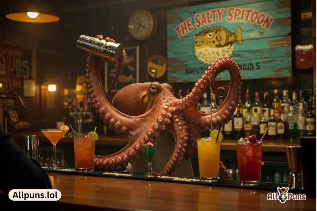 An octopus working as a bartender, using all eight arms to pour drinks. The sign behind him says "The Salty Spitoon" and features a pufferfish on it.