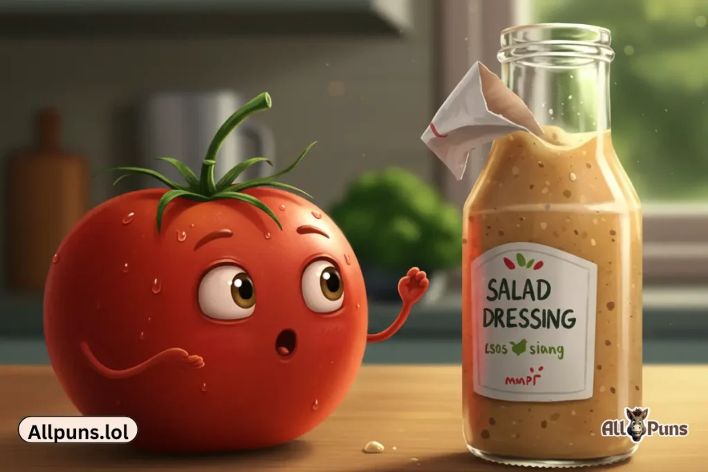 110+ Food Puns That Will Leave You Hungry for More A tomato blushing with wide eyes, peeking at a bottle of salad dressing with its cap off and label slipping down, like it’s “undressing.”