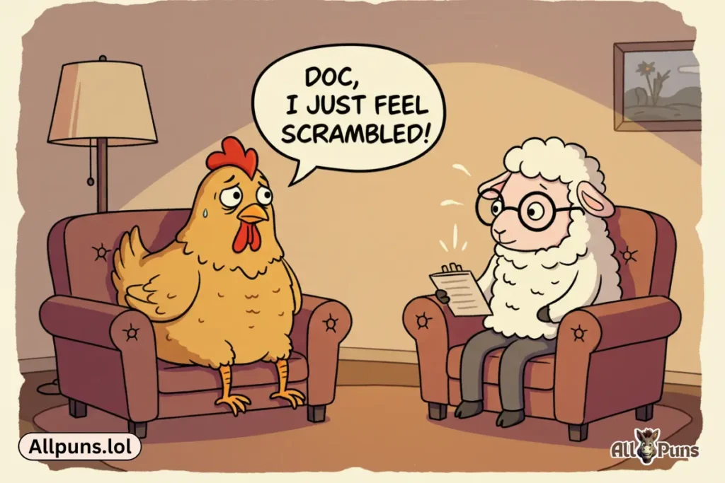 110+ Chicken Puns That’ll Crack You Up (Funny & Clever) Cartoon of a chicken at therapy saying: “Doc, I just feel scrambled.”