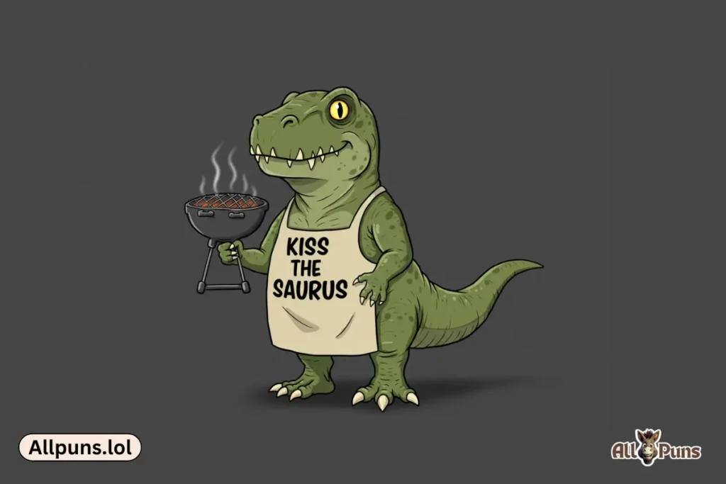 110+ Dinosaur Puns & Jokes | Funny Dino Wordplay That Rocks A dad dino with a grill, wearing an apron that says âKiss the Saurus.â