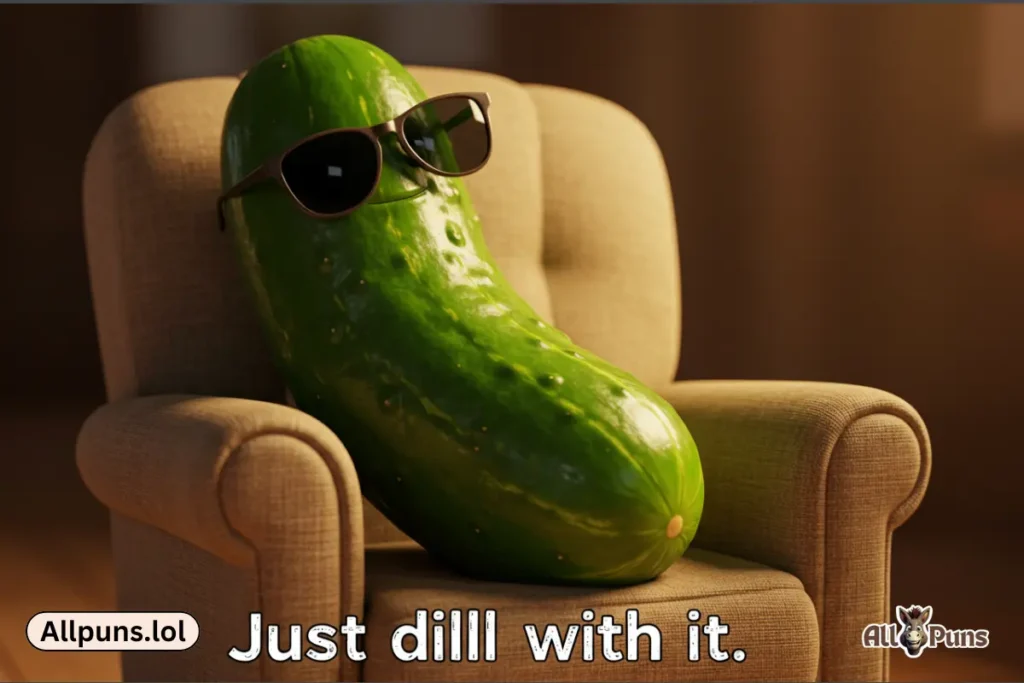 150+ Pickle Puns & Jokes That’ll Make You Relish the Laughs A pickle lounging in a recliner with sunglasses, captioned: “Just dill with it.”