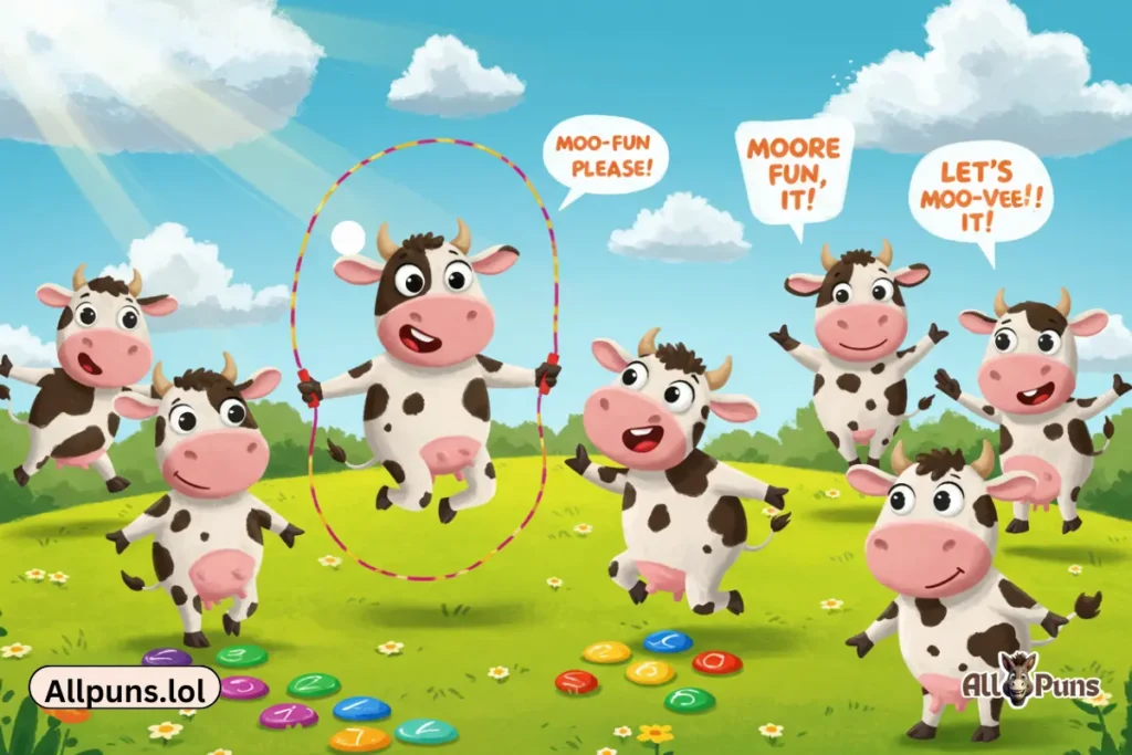 110+ Cow Puns to Make You Moo with Laughter Cartoon cows jumping rope, playing hopscotch, and saying things like “Moo-re fun, please!”
