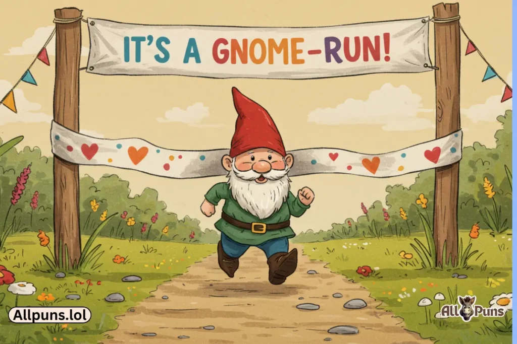 Delightful Gnome Puns to Tickle Your Funny Bone A running gnome with a finish line that says, “It’s a Gnome-Run!”