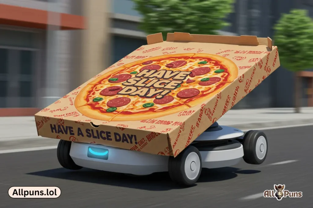 110+ Pizza Puns -Cheesy, Flirty and Totally Slice-tastic A pizza delivering itself in wrapping paper that says, âHave a slice day!â