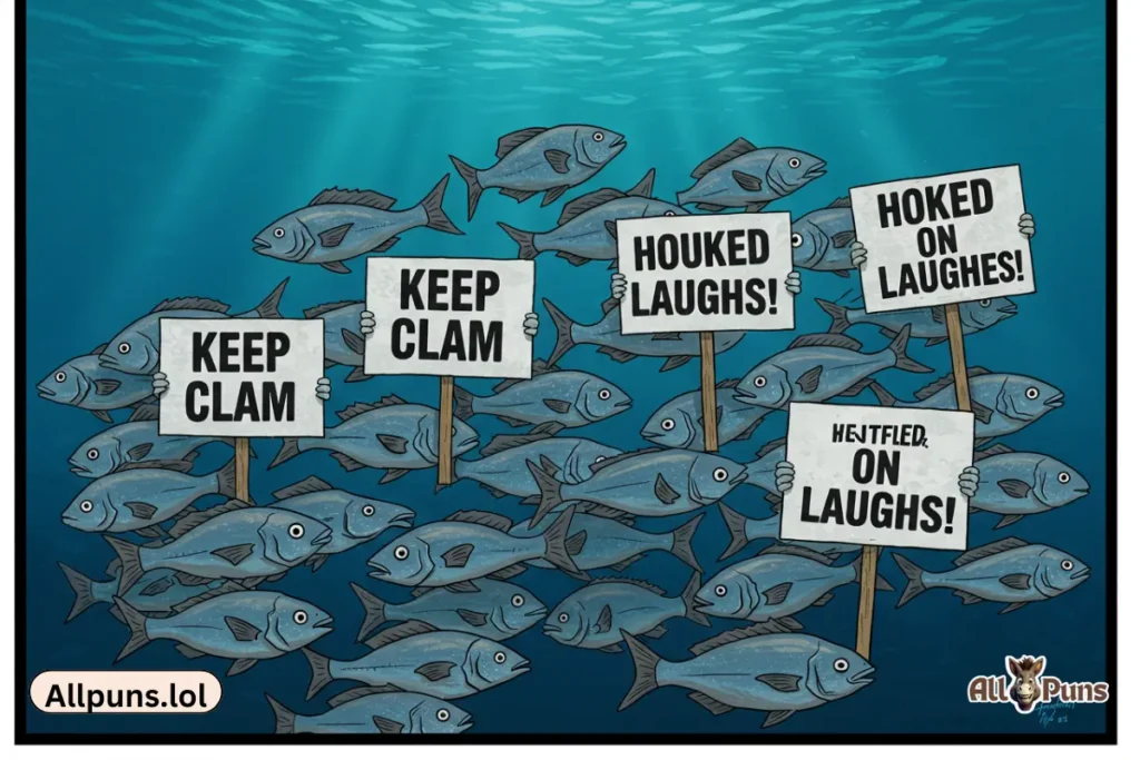 100+ Fin-tastic Fish Puns to Make You Giggle and Snort A school of fish holding up signs with one-liners like “Keep Clam” or “Hooked on Laughs.”