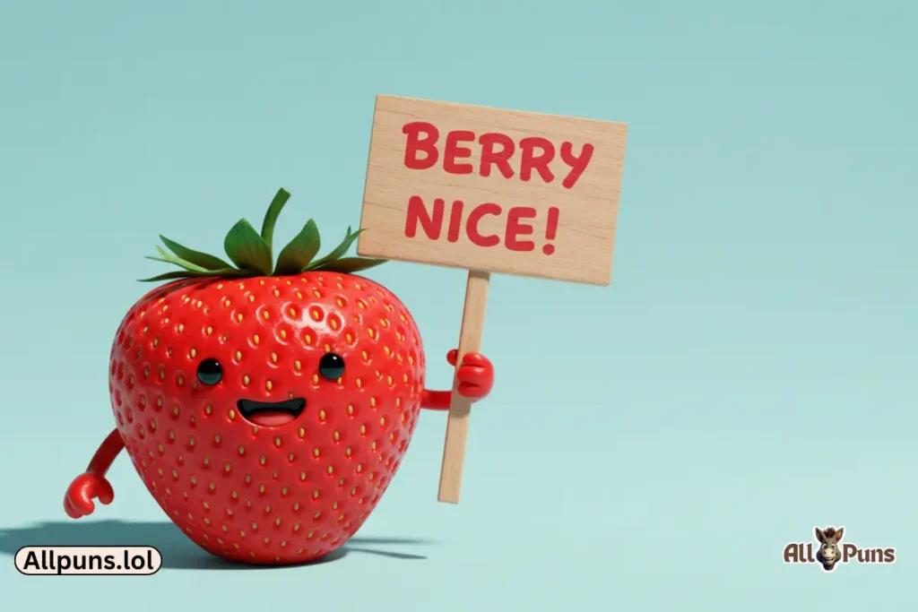 Funny Strawberry Puns to Sweeten Your Day A strawberry holding a sign that says “Berry Nice!” with a cute smile.