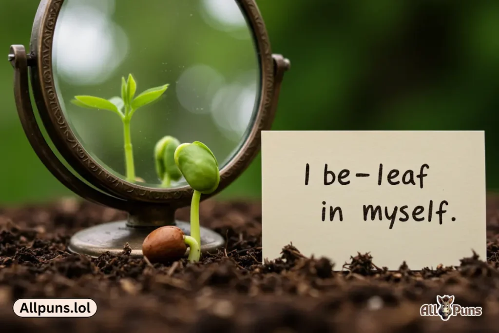 150+ Plant Puns & Jokes That’ll Leaf You Laughing A seed sprouting next to a mirror → Caption: “I be-leaf in myself.”