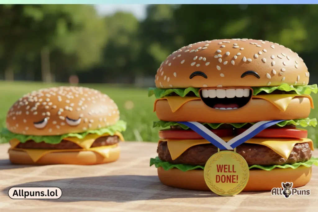 Burger Puns: A Deliciously Funny Collection A happy hamburger wearing a medal that says "Well Done!" while another burger (looking rare) is jealous.