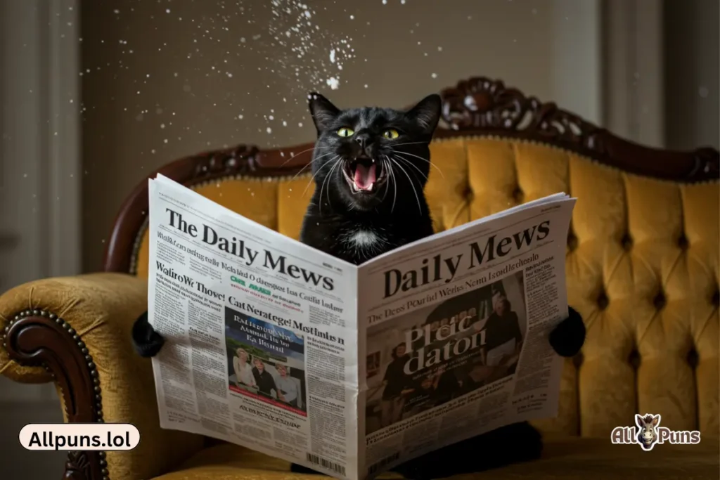  A cat reading a newspaper called The Daily Mews, laughing and spraying milk out of its nose.