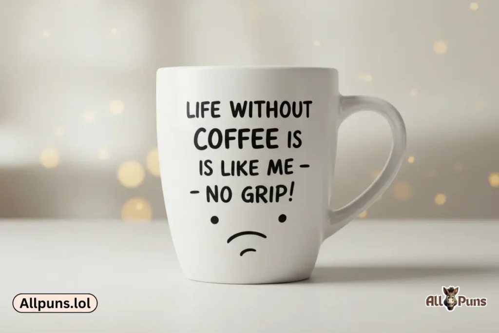 Best Funny Coffee Puns to Perk Up Your Day A mug without a handle looking confused, saying, "Life without coffee is like me—no grip!"