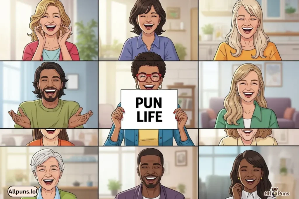 A grid of diverse people on a video call, laughing and one holding a sign that says "Pun Life." Digital illustration, friendly and modern