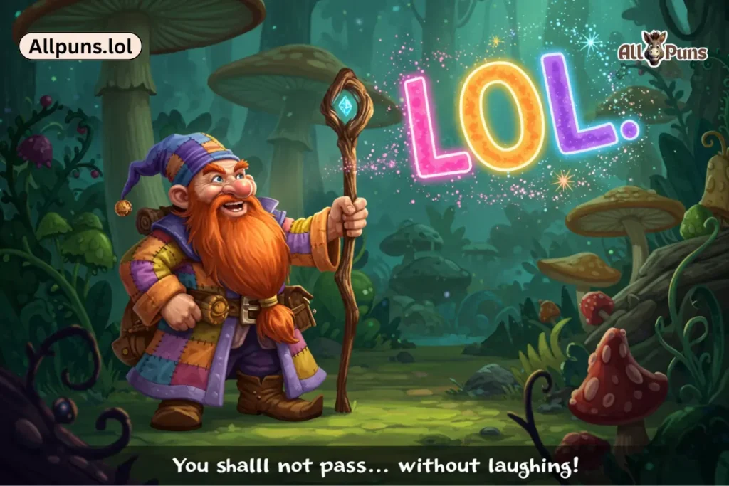 Dwarf Puns and Jokes That’ll Rock Your World (And Your Beard) A dwarf in wizard robes holding a staff that zaps out the word “LOL” instead of lightning. Caption: “You shall not pass… without laughing!”