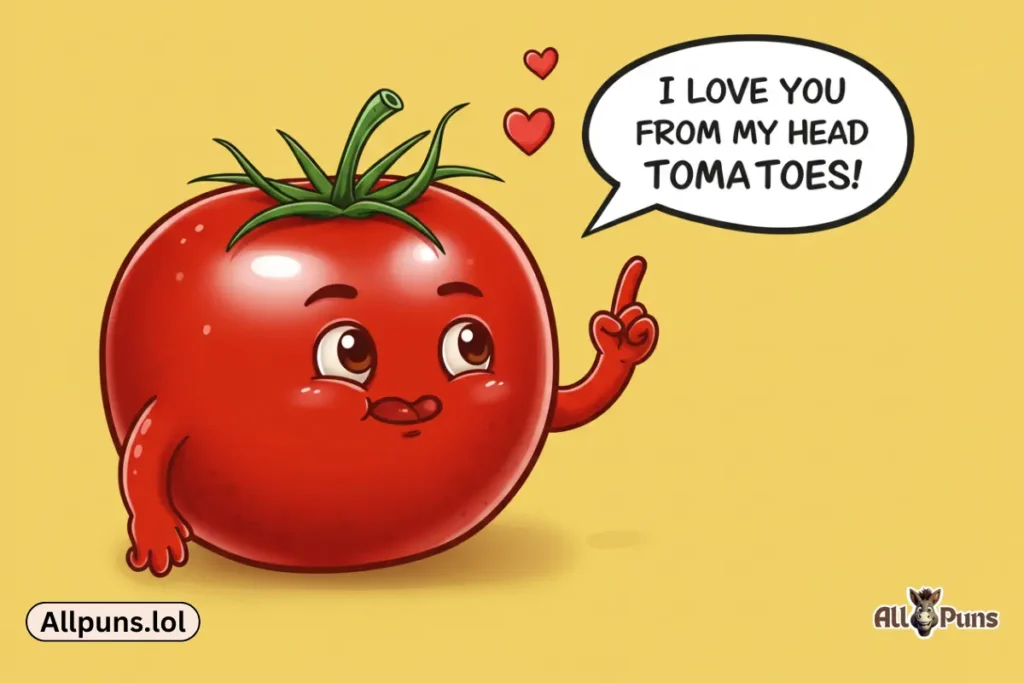 Tomato Puns and Funny One-Liners A tomato with a speech bubble saying, "I love you from my head tomatoes," while pointing to its head