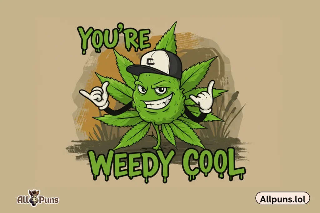 120+ Flower Puns 🌼 Funny, Romantic & Cheesy Petal Jokes "You're weedy cool."A cool, anthropomorphic weed wearing a backwards baseball cap and giving a "hang loose" shaka sign with one of its leaves.