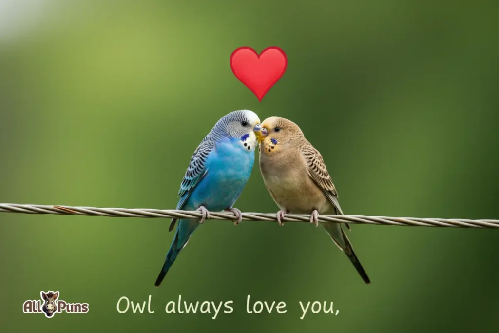 Two lovebirds sitting on a wire, beaks touching, with a heart above them. Caption: “Owl always love you.”