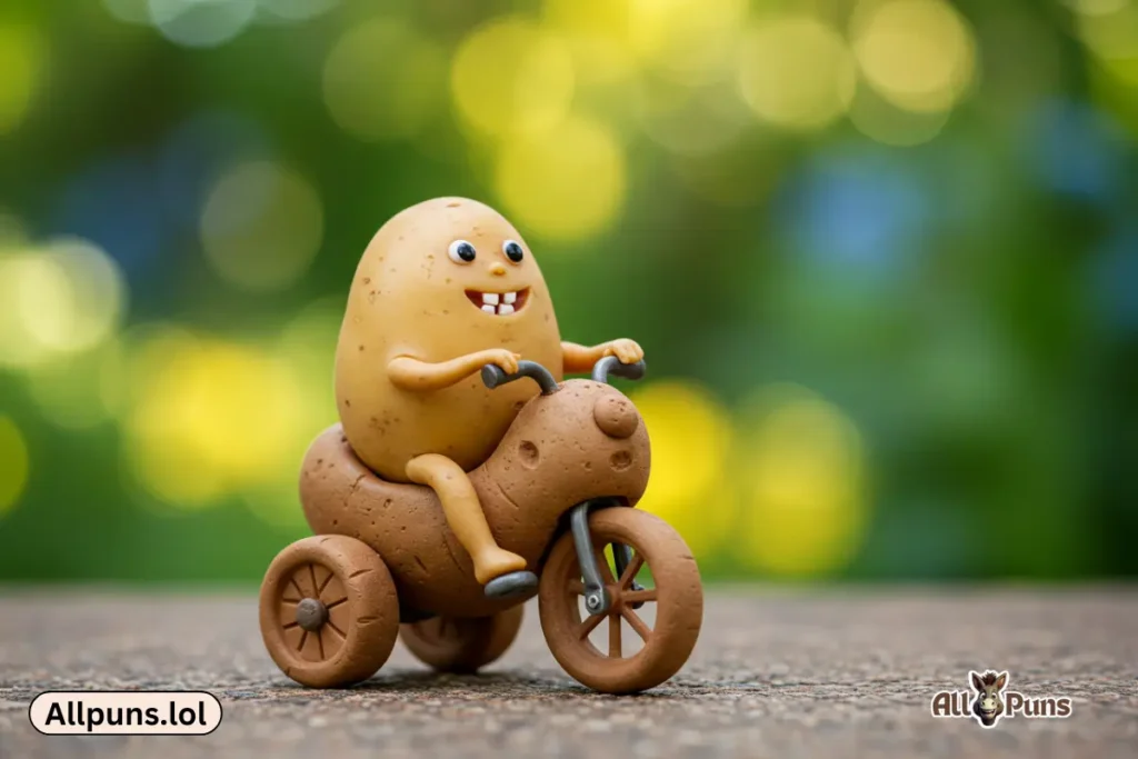 110+ Potato Puns and Funny One Liners to Make You Laugh A tiny potato (“little spud”) in a tricycle shaped like a “tuber-cycle,” pedaling with a big grin.